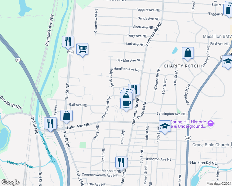 map of restaurants, bars, coffee shops, grocery stores, and more near 1604 Keuper Boulevard Northeast in Massillon