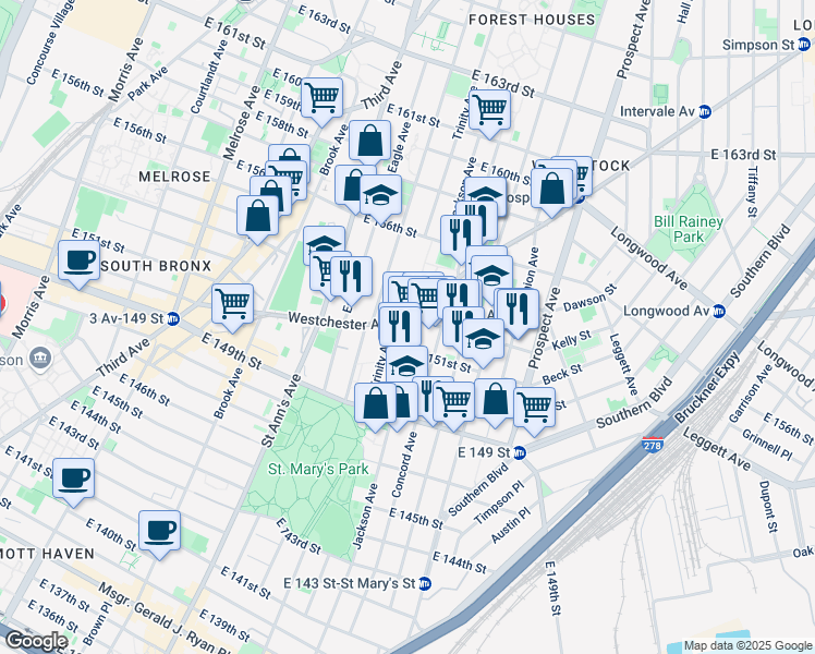 map of restaurants, bars, coffee shops, grocery stores, and more near in The Bronx