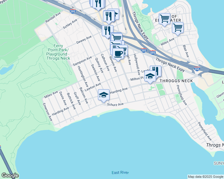 map of restaurants, bars, coffee shops, grocery stores, and more near 222 Quincy Avenue in The Bronx