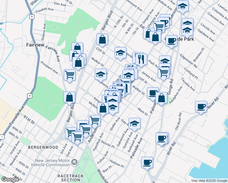 map of restaurants, bars, coffee shops, grocery stores, and more near 221 4th Street in Fairview