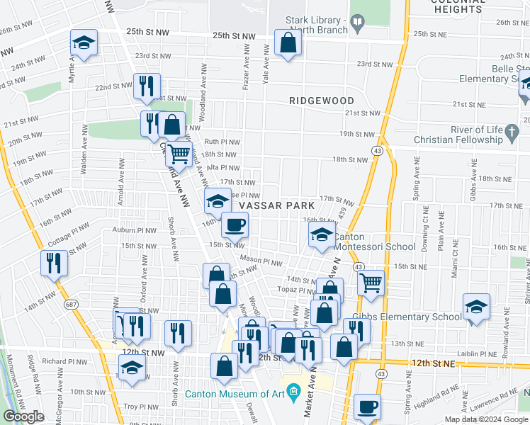 map of restaurants, bars, coffee shops, grocery stores, and more near 1604 Yale Avenue Northwest in Canton