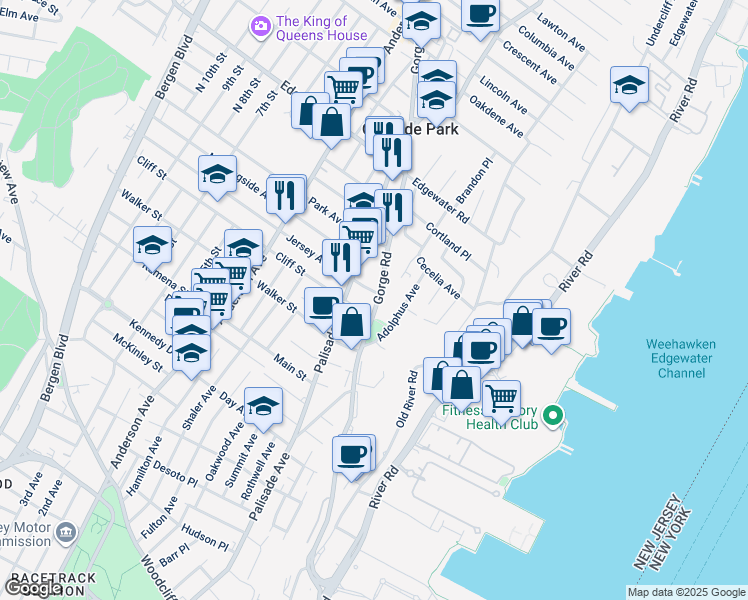 map of restaurants, bars, coffee shops, grocery stores, and more near 352 Gorge Road in Cliffside Park