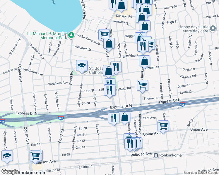 map of restaurants, bars, coffee shops, grocery stores, and more near 5 12th Street in Lake Ronkonkoma