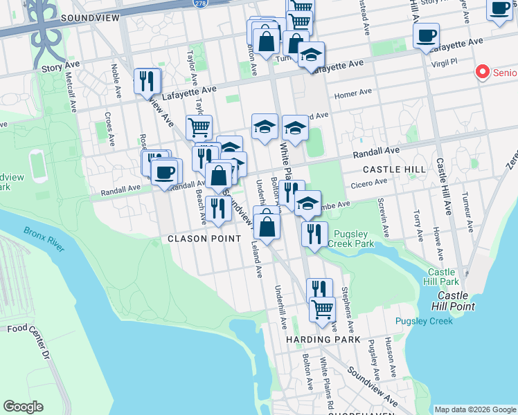 map of restaurants, bars, coffee shops, grocery stores, and more near 530 Underhill Avenue in Bronx