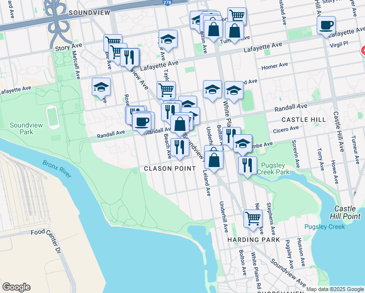 map of restaurants, bars, coffee shops, grocery stores, and more near 561 Soundview Avenue in Bronx