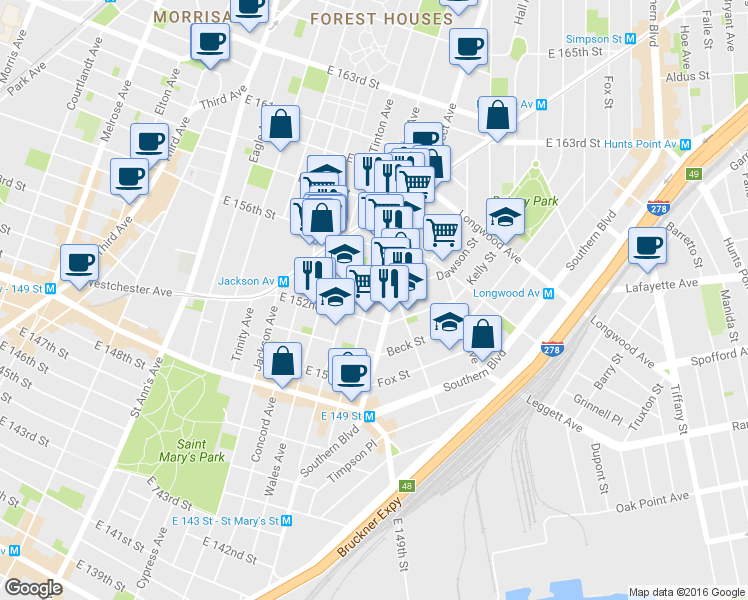 map of restaurants, bars, coffee shops, grocery stores, and more near 845 East 155th Street in Bronx