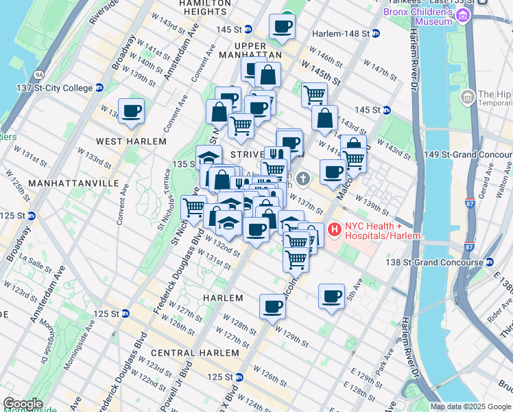 map of restaurants, bars, coffee shops, grocery stores, and more near 215 West 136th Street in New York