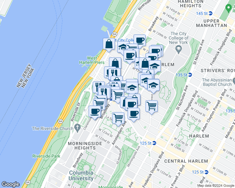 map of restaurants, bars, coffee shops, grocery stores, and more near 549 West 126th Street in New York