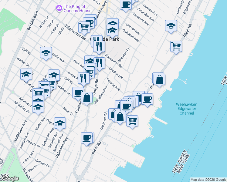 map of restaurants, bars, coffee shops, grocery stores, and more near 36 Cecelia Avenue in Cliffside Park