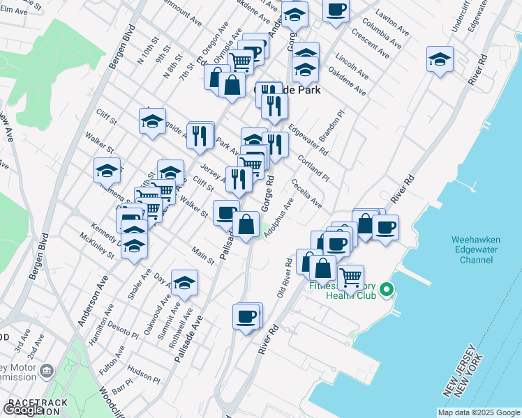map of restaurants, bars, coffee shops, grocery stores, and more near 352 Gorge Road in Cliffside Park
