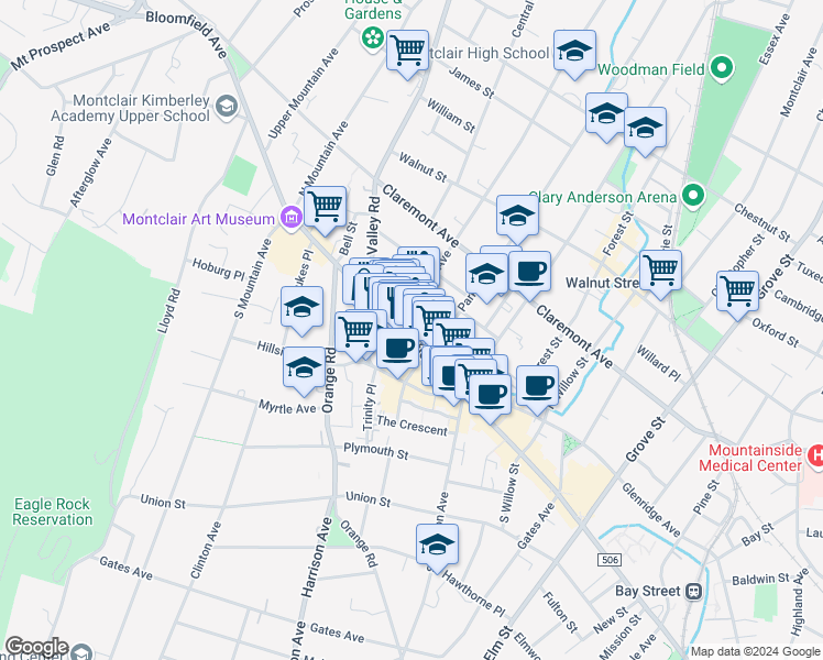 map of restaurants, bars, coffee shops, grocery stores, and more near 12 Midland Avenue in Montclair