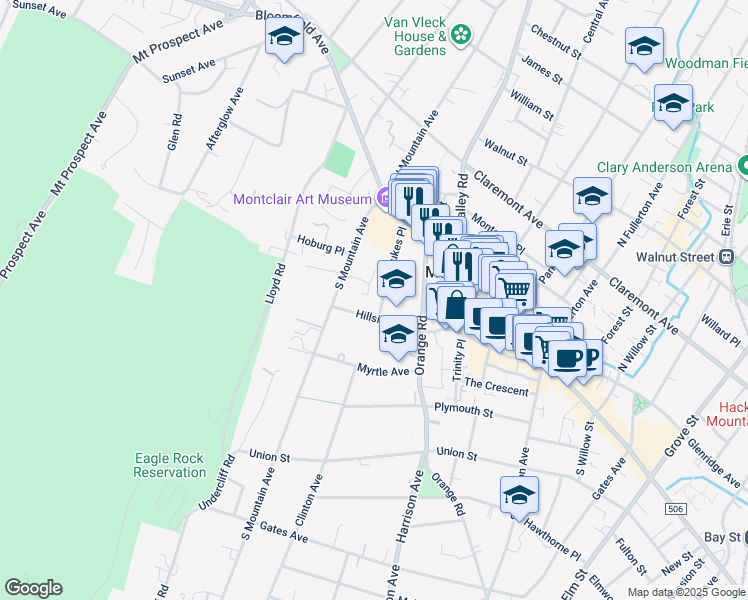map of restaurants, bars, coffee shops, grocery stores, and more near 34 Saint Lukes Place in Montclair
