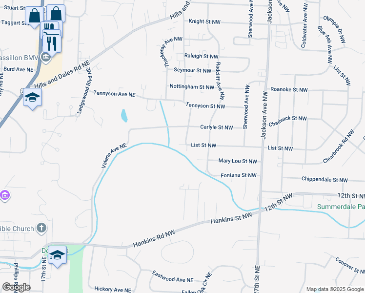 map of restaurants, bars, coffee shops, grocery stores, and more near 1607 Montaque Avenue Northwest in Massillon