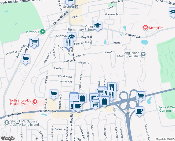 map of restaurants, bars, coffee shops, grocery stores, and more near 28 Hillside Lane in Syosset