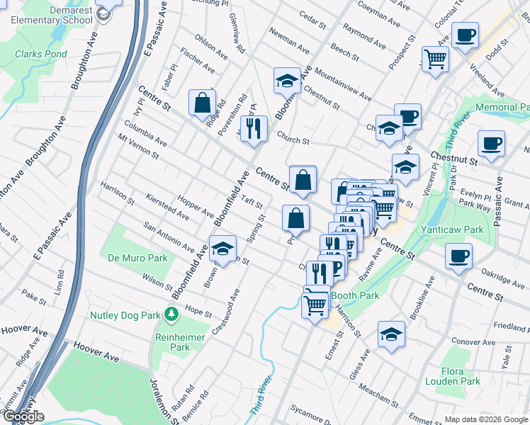 map of restaurants, bars, coffee shops, grocery stores, and more near 18 Taft Street in Nutley