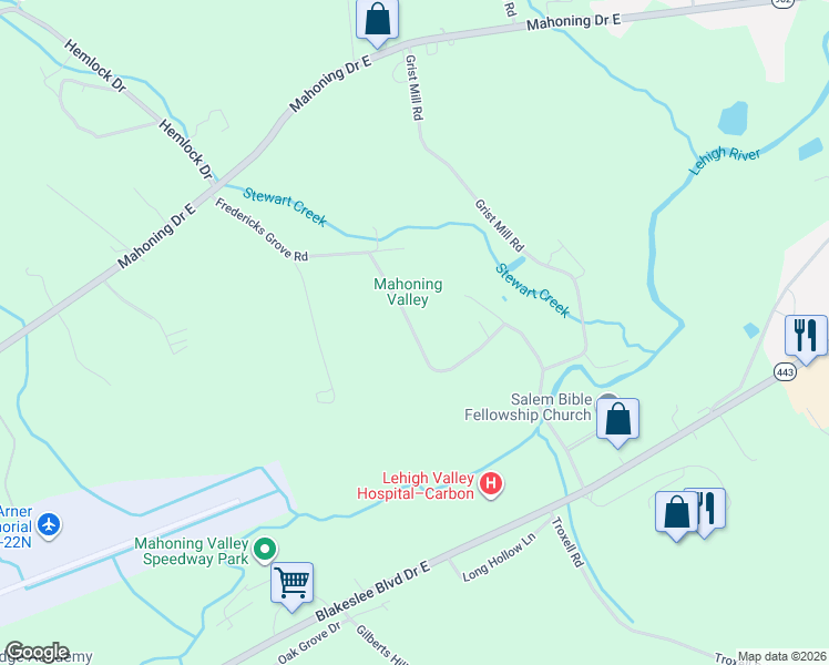 map of restaurants, bars, coffee shops, grocery stores, and more near 682 Fredericks Grove Road in Lehighton