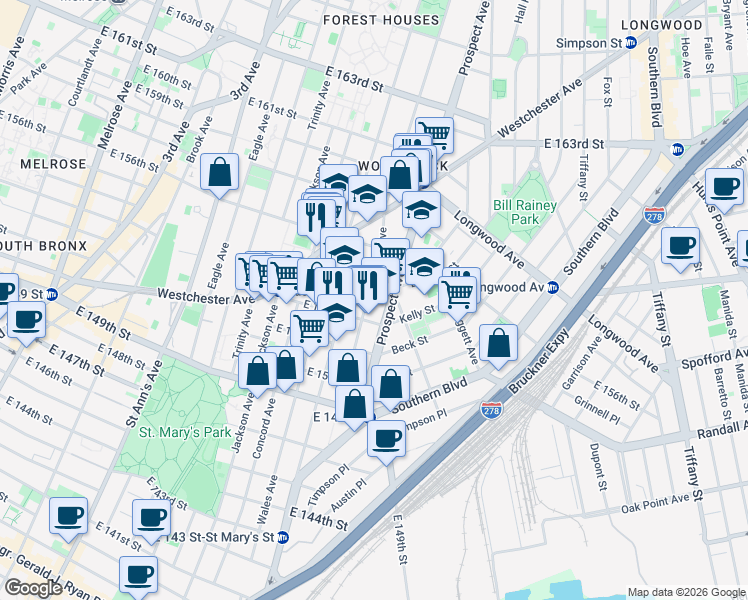 map of restaurants, bars, coffee shops, grocery stores, and more near 845 East 155th Street in Bronx