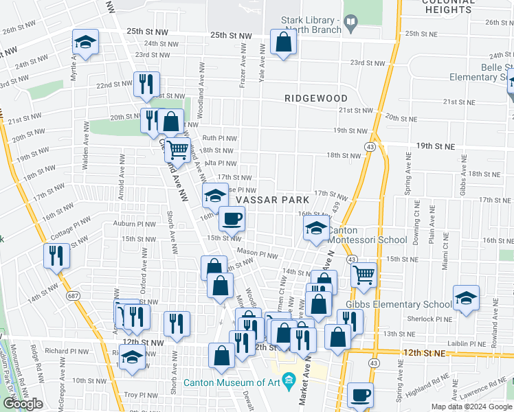 map of restaurants, bars, coffee shops, grocery stores, and more near 1606 Yale Avenue Northwest in Canton