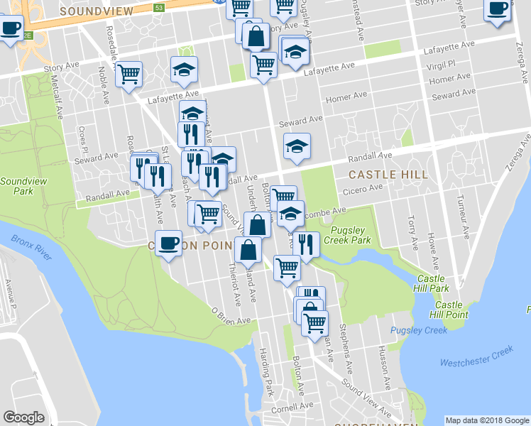 map of restaurants, bars, coffee shops, grocery stores, and more near 511 Bolton Avenue in Bronx