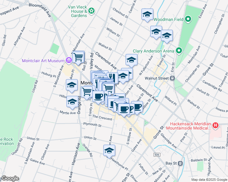map of restaurants, bars, coffee shops, grocery stores, and more near in Montclair