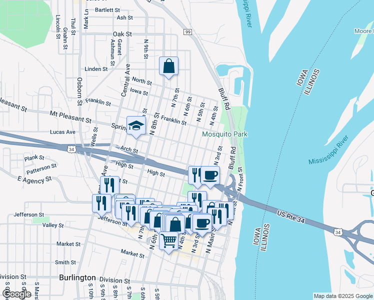 map of restaurants, bars, coffee shops, grocery stores, and more near 829 North 5th Street in Burlington