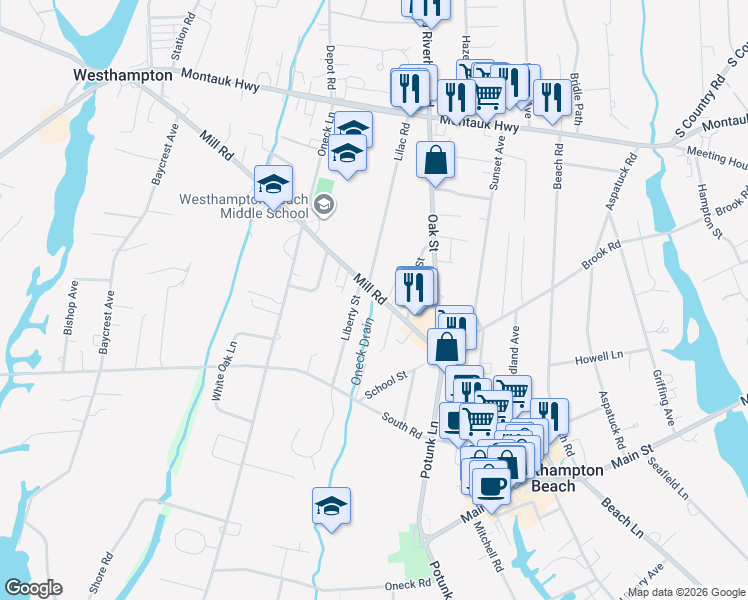 map of restaurants, bars, coffee shops, grocery stores, and more near 2 Lilac Road in Westhampton Beach