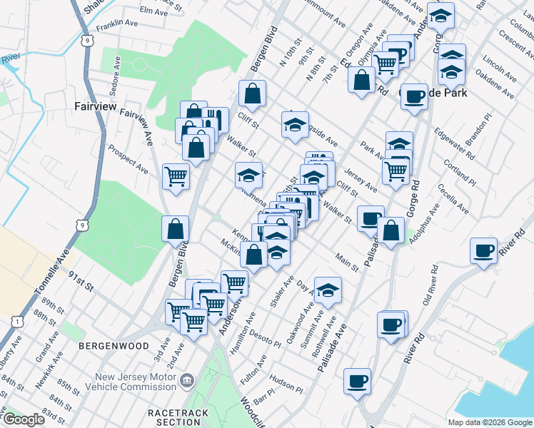 map of restaurants, bars, coffee shops, grocery stores, and more near 397 Kamena Street in Fairview