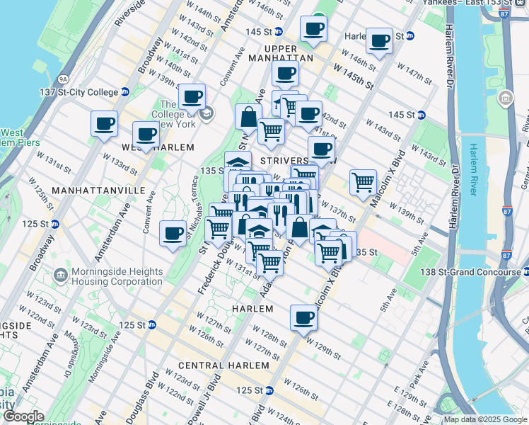map of restaurants, bars, coffee shops, grocery stores, and more near 241 West 135th Street in New York