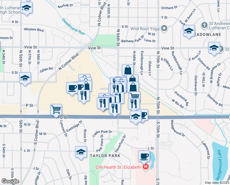 map of restaurants, bars, coffee shops, grocery stores, and more near 6401 Q Street in Lincoln