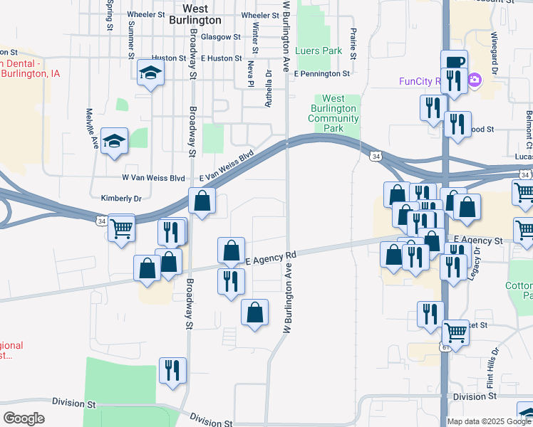 map of restaurants, bars, coffee shops, grocery stores, and more near 306 East Agency Road in West Burlington