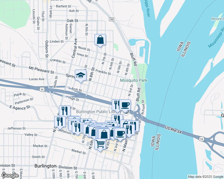 map of restaurants, bars, coffee shops, grocery stores, and more near 829 North 5th Street in Burlington