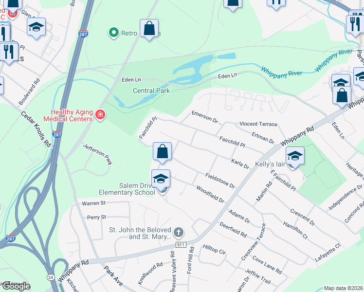 map of restaurants, bars, coffee shops, grocery stores, and more near 6 Thea Place in Hanover