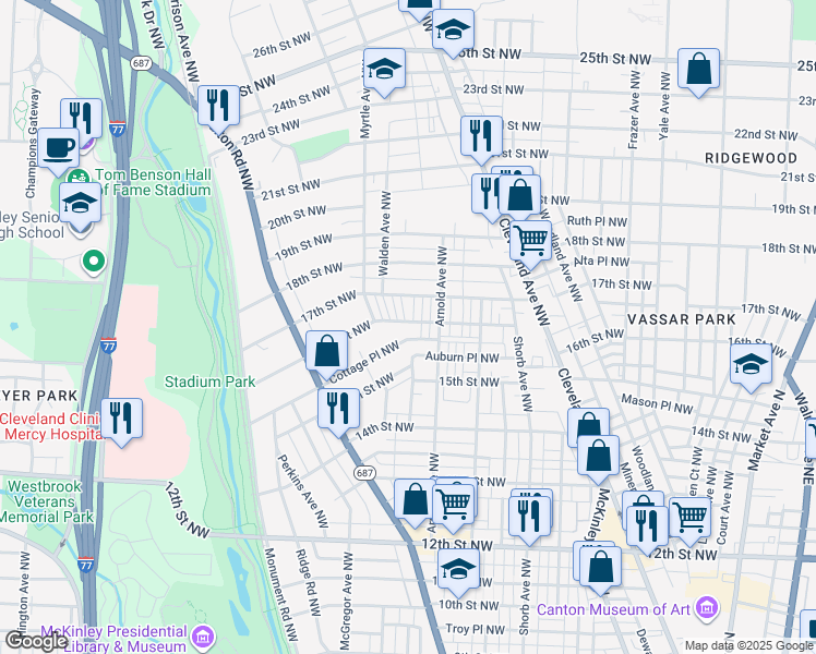 map of restaurants, bars, coffee shops, grocery stores, and more near 1230 16th Street Northwest in Canton