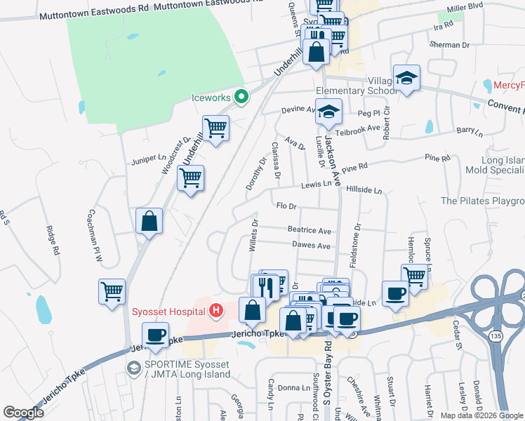 map of restaurants, bars, coffee shops, grocery stores, and more near 45 Lewis Lane in Syosset