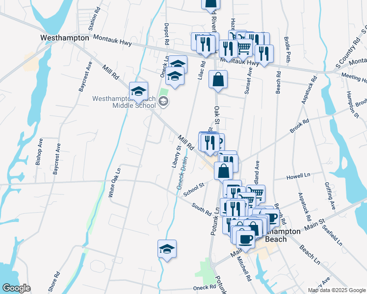 map of restaurants, bars, coffee shops, grocery stores, and more near 2 Lilac Road in Westhampton Beach