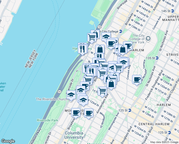 map of restaurants, bars, coffee shops, grocery stores, and more near 552 Riverside Drive in New York