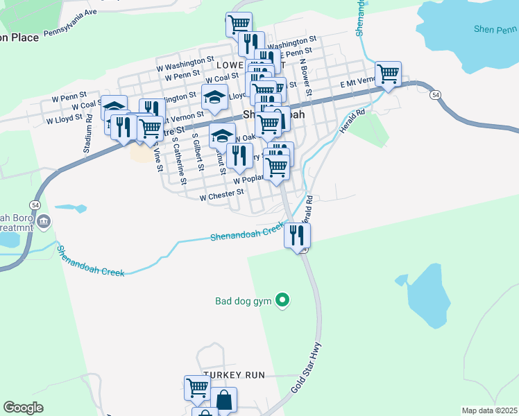 map of restaurants, bars, coffee shops, grocery stores, and more near 418 South Jardin Street in Shenandoah