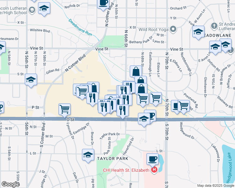map of restaurants, bars, coffee shops, grocery stores, and more near 6401 Q Street in Lincoln