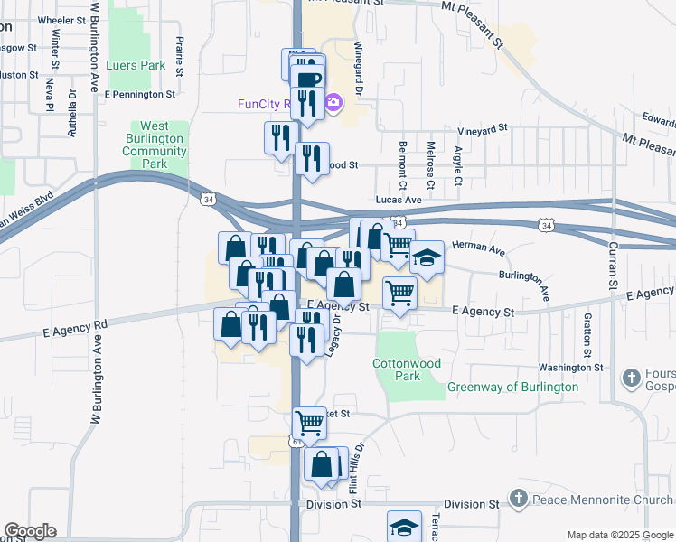 map of restaurants, bars, coffee shops, grocery stores, and more near 3200 East Agency Street in Burlington