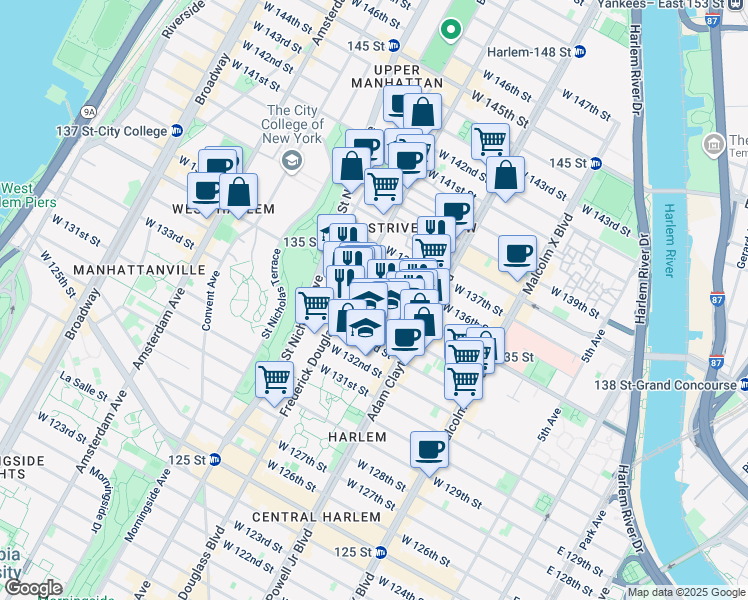 map of restaurants, bars, coffee shops, grocery stores, and more near 241 West 135th Street in New York