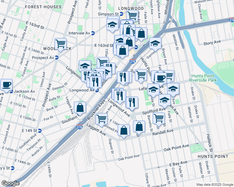 map of restaurants, bars, coffee shops, grocery stores, and more near 847 Garrison Avenue in The Bronx