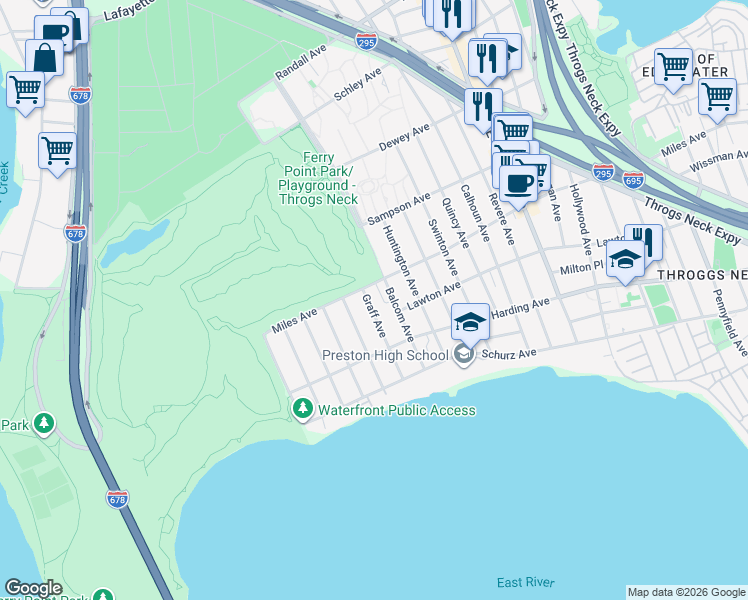 map of restaurants, bars, coffee shops, grocery stores, and more near 290 Graff Avenue in Bronx