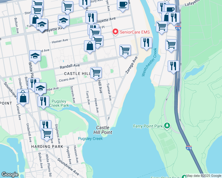 map of restaurants, bars, coffee shops, grocery stores, and more near 455 Turneur Avenue in Bronx