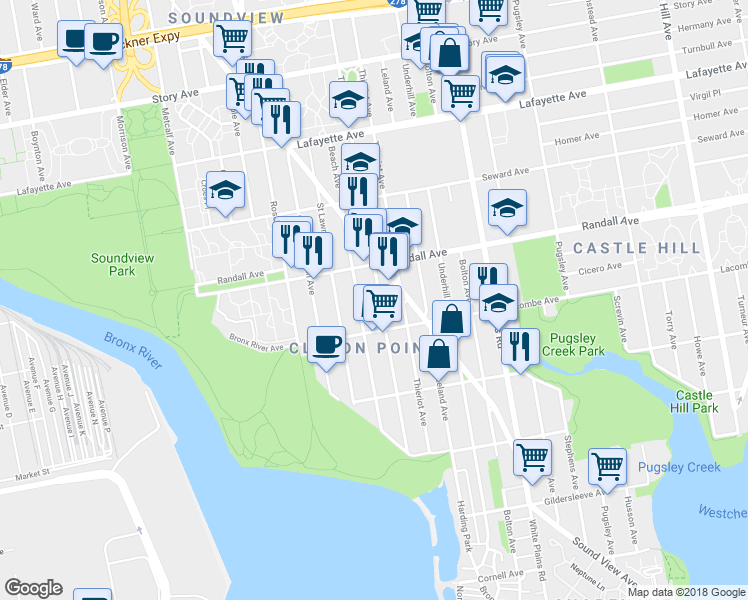map of restaurants, bars, coffee shops, grocery stores, and more near 561 Sound View Avenue in Bronx