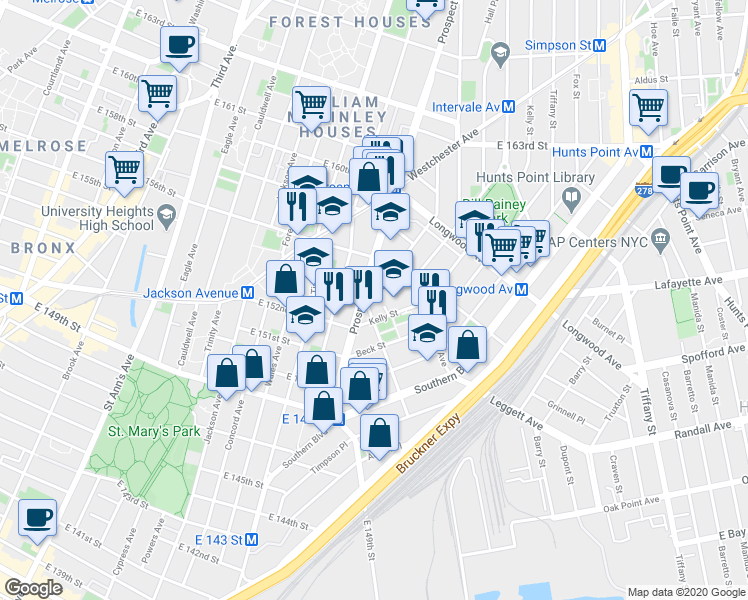 map of restaurants, bars, coffee shops, grocery stores, and more near 675 Dawson Street in Bronx