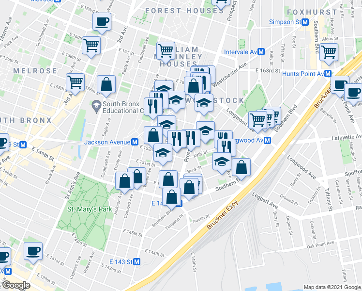 map of restaurants, bars, coffee shops, grocery stores, and more near 845 East 155th Street in Bronx