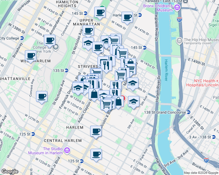 map of restaurants, bars, coffee shops, grocery stores, and more near 128 West 138th Street in New York