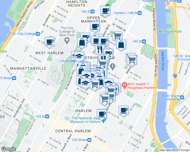 map of restaurants, bars, coffee shops, grocery stores, and more near 215 West 136th Street in New York