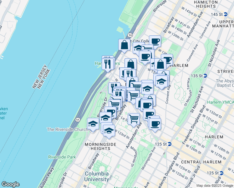 map of restaurants, bars, coffee shops, grocery stores, and more near 552 Riverside Drive in New York