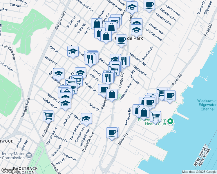 map of restaurants, bars, coffee shops, grocery stores, and more near 351 Palisade Avenue in Cliffside Park